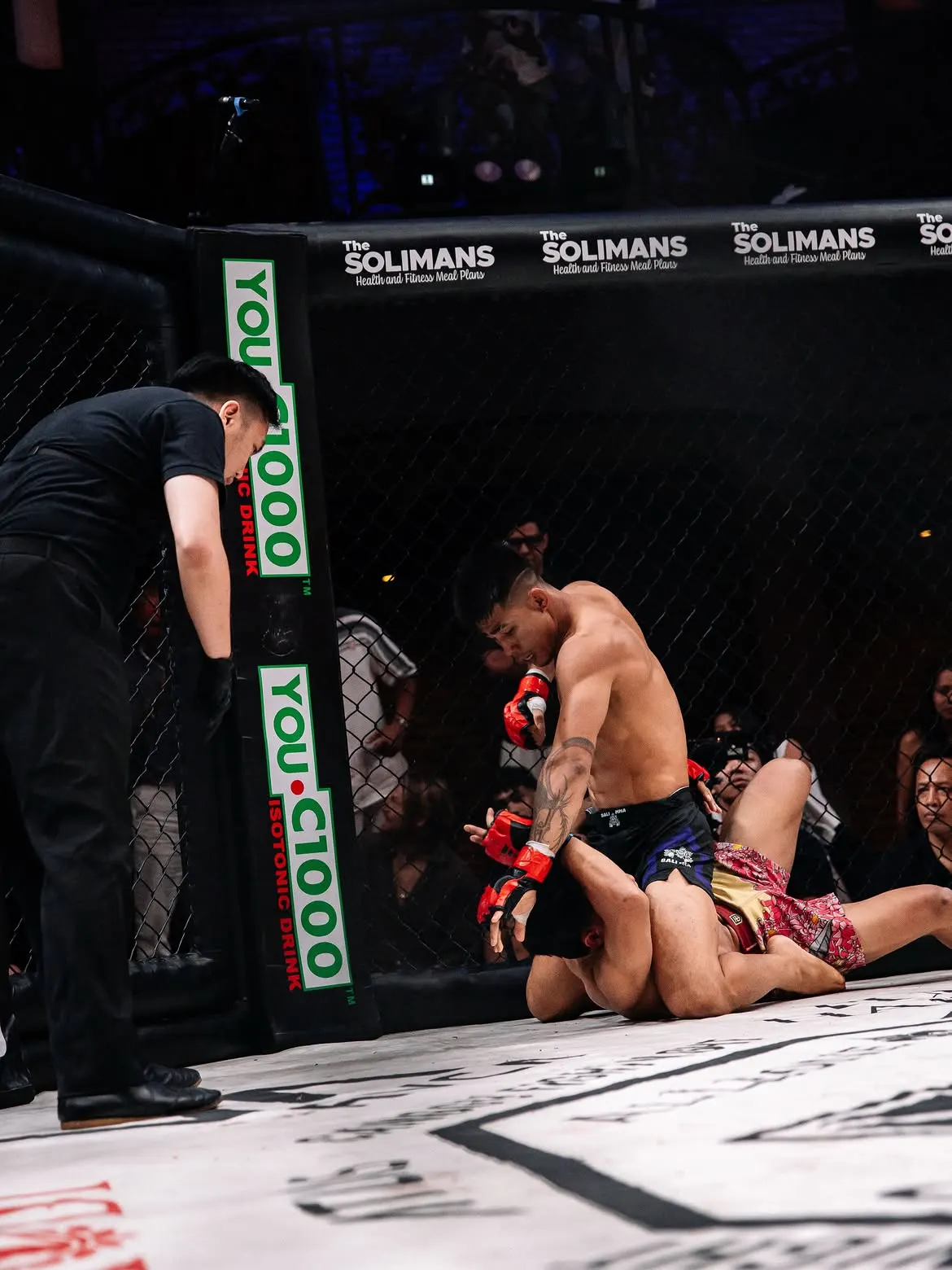 Niranjan Phanjoubam delivering ground strikes during his TKO win over Gabriel Masancay at Canggu Fight Night 40